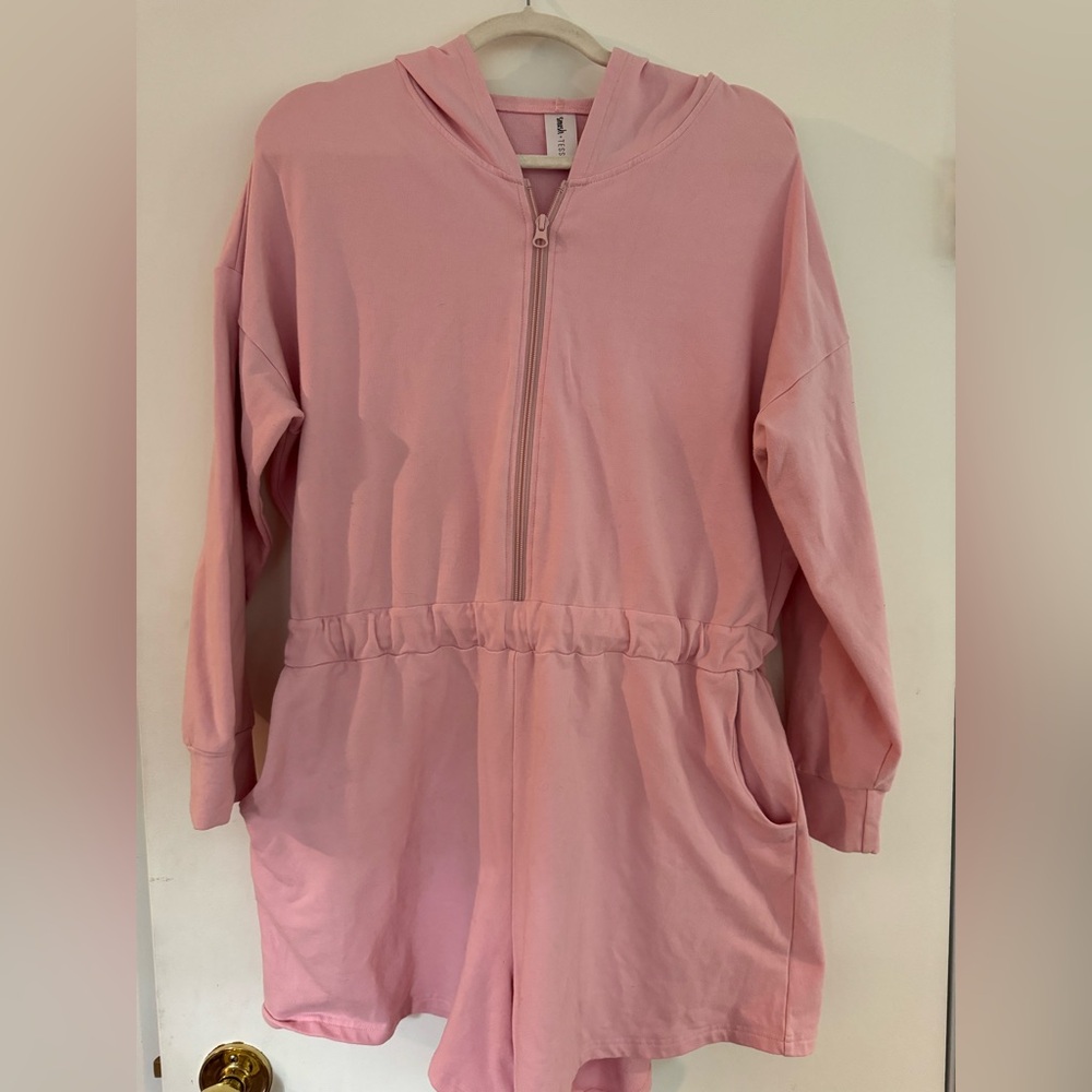 Smash & Tess pink shorts romper with hood
